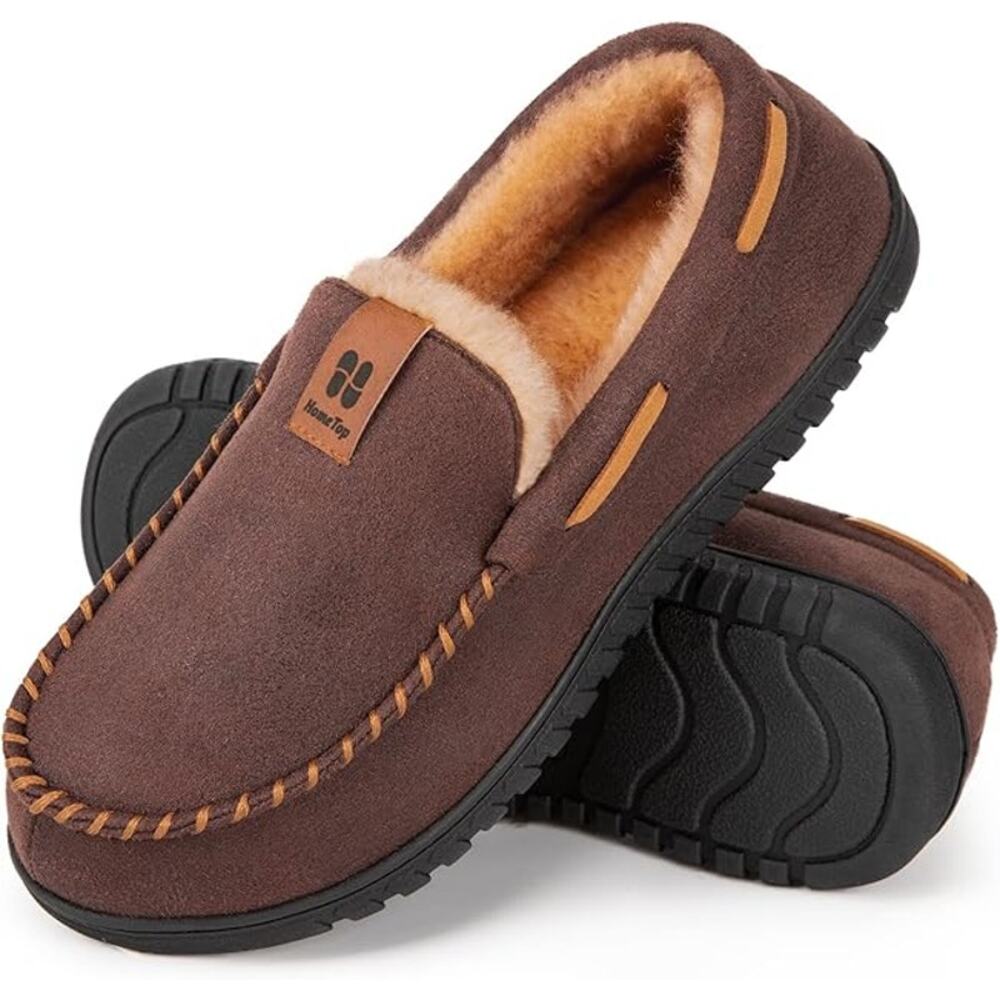 New HomeTop Men Size 10 Brown Faux Suede Fur Lined Memory Foam Moccasin Slippers